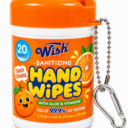 Wish Sanitizing Hand Wipes with Aloe & Vitamin E (Orange) Tangy Orange 2.75 in x 5.91 in (70 mm x 150 mm)