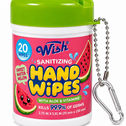 Wish Sanitizing Hand Wipes with Aloe & Vitamin E (Pink) Sweet Watermelon, 2.75in x 5.91in | 70 mm x 150 mm