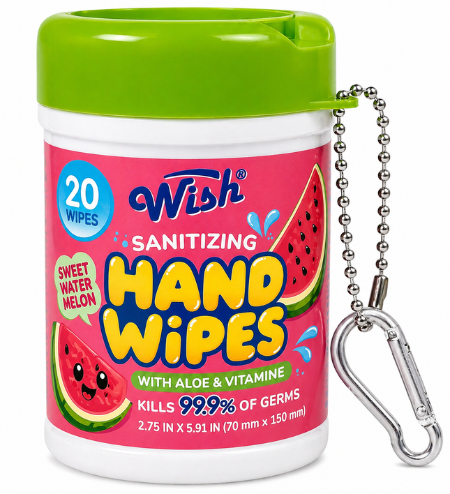 Wish Sanitizing Hand Wipes with Aloe & Vitamin E (Pink) Sweet Watermelon, 2.75in x 5.91in | 70 mm x 150 mm