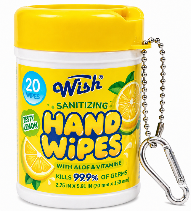 Wish Sanitizing Hand Wipes with Aloe & Vitamin E (Yellow) Zesty Lemon, 2.75in x 5.91in | 70mm x 150mm