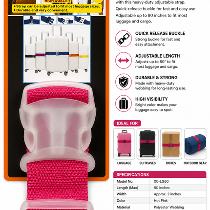Top Zone Quick Release Buckle Luggage Strap – 80" Adjustable Heavy-Duty Tie-Down (Neon Pink)