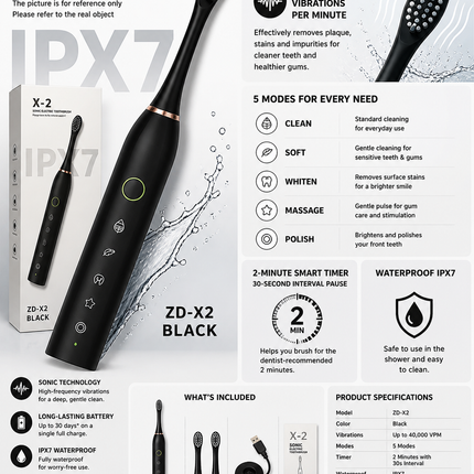 X-2 Sonic Electric Toothbrush – Rechargeable High-Speed Whitening Toothbrush
