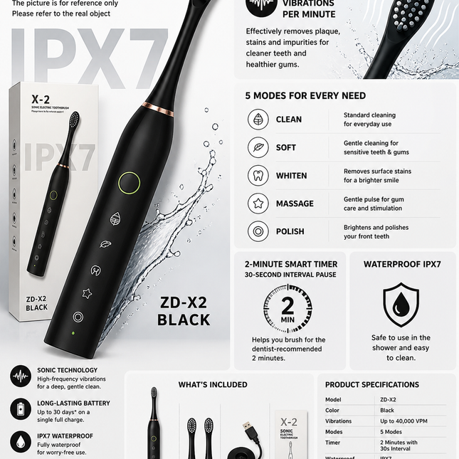 X-2 Sonic Electric Toothbrush – Rechargeable High-Speed Whitening Toothbrush