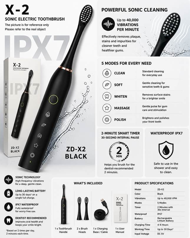 X-2 Sonic Electric Toothbrush – Rechargeable High-Speed Whitening Toothbrush