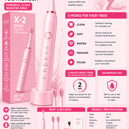X-2 Sonic Electric Toothbrush – Rechargeable High-Speed Whitening Toothbrush
