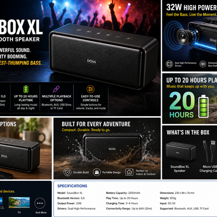 DOSS SoundBox XL Wireless Bluetooth Speaker – 32W Powerful Sound, Party Booming Chest-Thumping Bass, Portable Outdoor Speaker