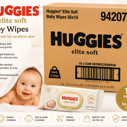Huggies Elite Soft Baby Wipes – 10 Packs × 56 Wipes
