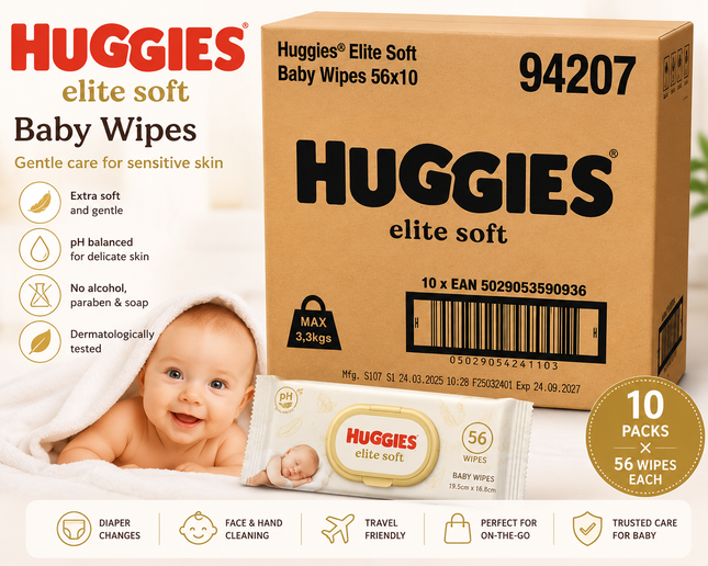 Huggies Elite Soft Baby Wipes – 10 Packs × 56 Wipes