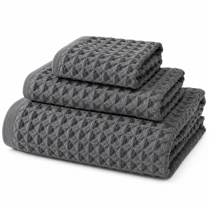 Plain Wave Waffle Towel, Dark Gray (1 hand towel, 1 face towel, 1 bath towel)