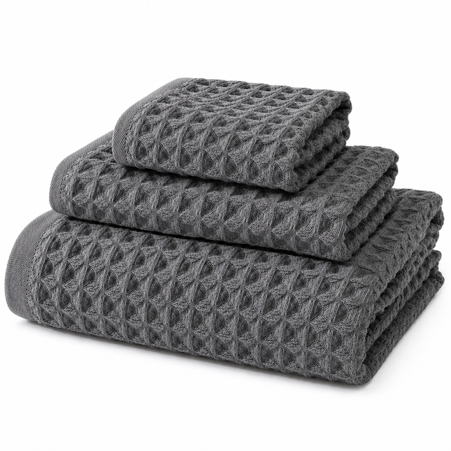 Plain Wave Waffle Towel, Dark Gray (1 hand towel, 1 face towel, 1 bath towel)