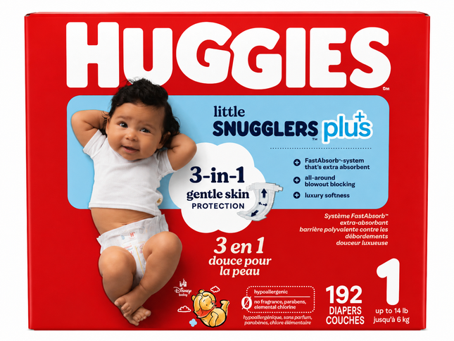 Huggies Little Snugglers Plus Baby Diapers Size 1 (Up to 14 lb) - 192 Count