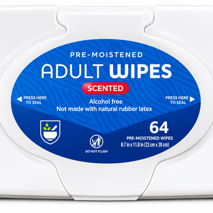 Pre-Moistened Adult Wipes, Scented, Alcohol-Free - 64 Wipes
