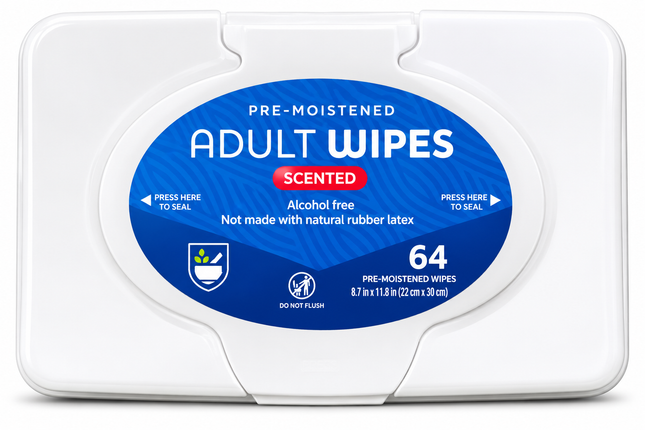 Pre-Moistened Adult Wipes, Scented, Alcohol-Free - 64 Wipes