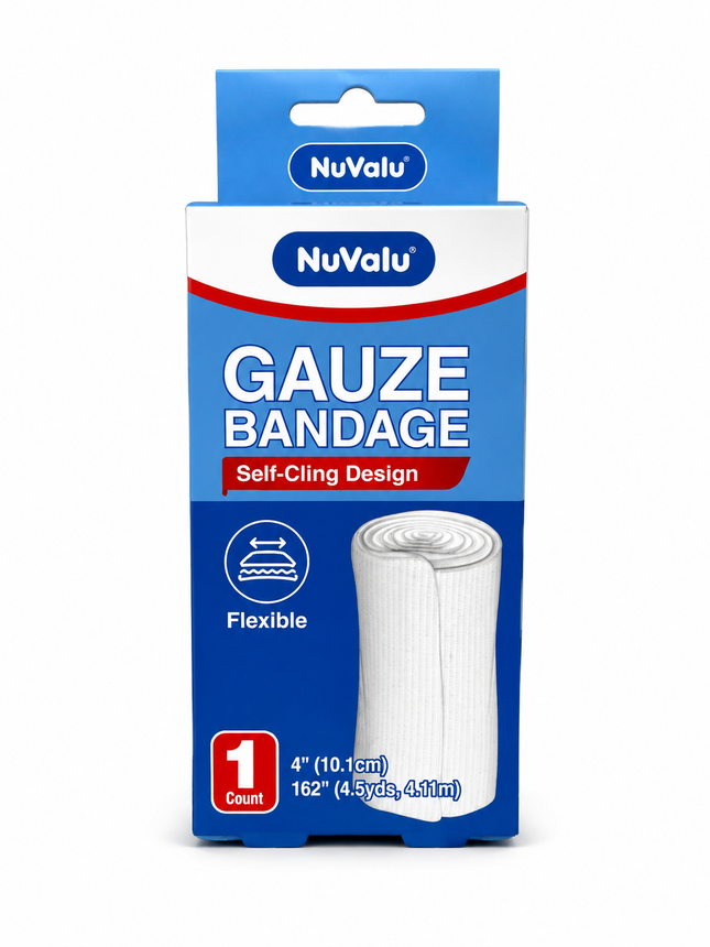 NuValu Self-Cling Gauze Bandage Roll, 4 in x 162 in (4.5 yd), Flexible Stretch Wrap, 1 Count