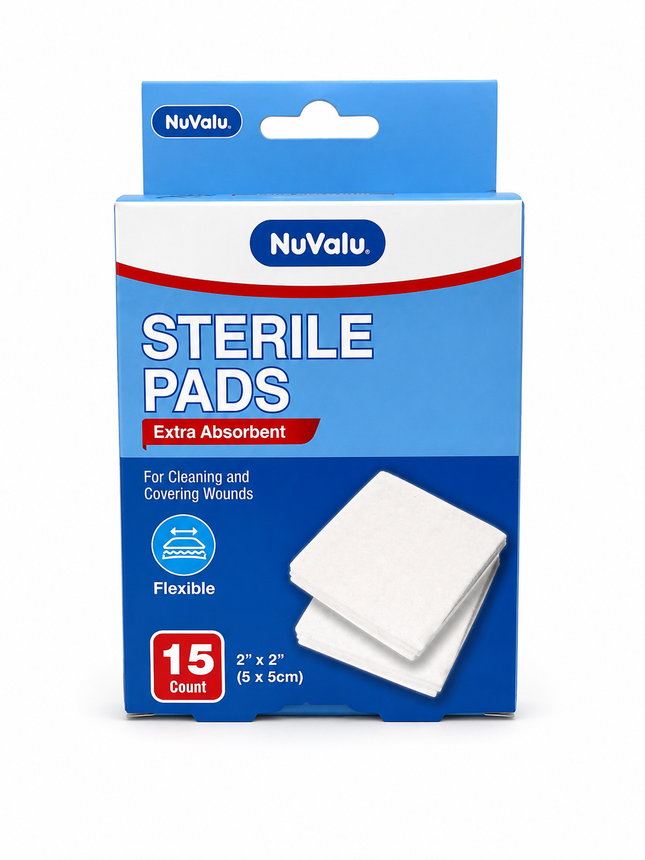 NuValu Sterile Pads Extra Absorbent, 2" x 2" (5 x 5 cm), 15 Count