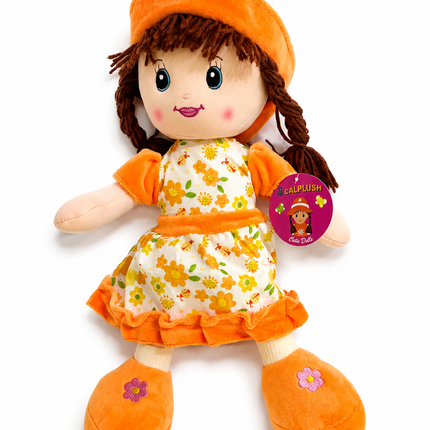 CalPlush Cutie Dolls Plush Doll – Orange Hat & Floral Dress