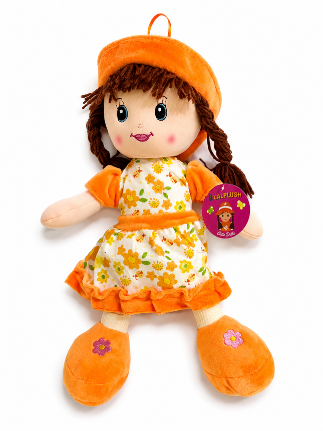 CalPlush Cutie Dolls Plush Doll – Orange Hat & Floral Dress