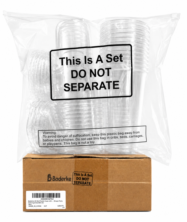 Baderke 25-Piece Clear Plastic Cups with Lids – 12 oz