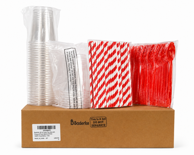 Baderke Party Drink Set – Cups, Utensils & Straws, 25 Sets