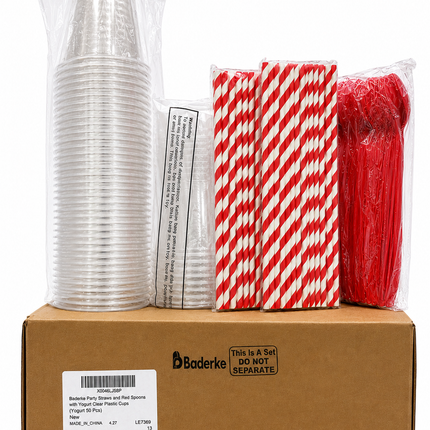 Baderke Party Straws and Red Spoons with Yogurt Clear Plastic Cups – 50 Pcs
