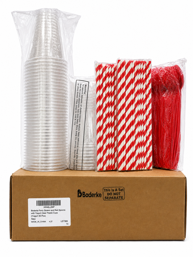 Baderke Party Straws and Red Spoons with Yogurt Clear Plastic Cups – 50 Pcs