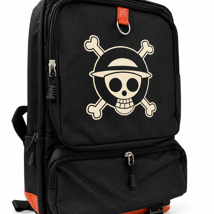 Black & Orange Pirate Skull Backpack – Multi-Compartment Travel & School Bag