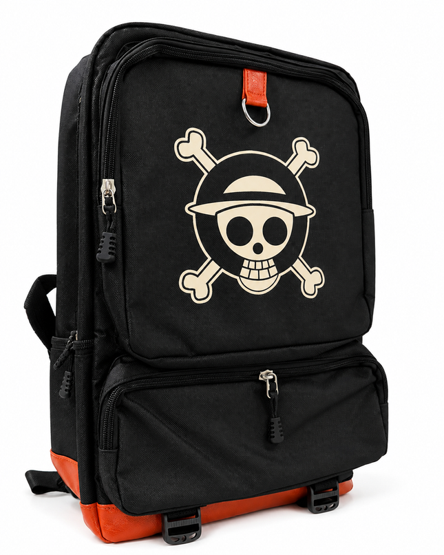 Black & Orange Pirate Skull Backpack – Multi-Compartment Travel & School Bag