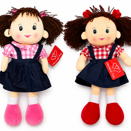 Charming Toys Plush Rag Doll – Girl Doll with Red Bows & Gingham Dress