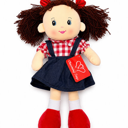 Charming Toys Plush Rag Doll – Girl Doll with Red Bows & Gingham Dress