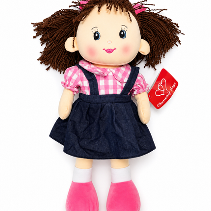 Charming Toys Plush Rag Doll – Girl Doll with Red Bows & Gingham Dress