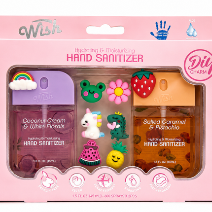 Wish Hydrating & Moisturizing Hand Sanitizer DIY Charm Set – 2-Pack (Coconut Cream & White Florals and Salted Caramel & Pistachio scents)