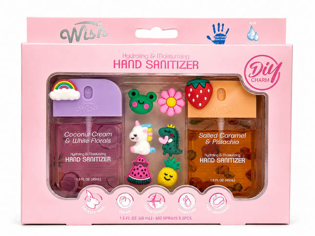 Wish Hydrating & Moisturizing Hand Sanitizer DIY Charm Set – 2-Pack (Coconut Cream & White Florals and Salted Caramel & Pistachio scents)