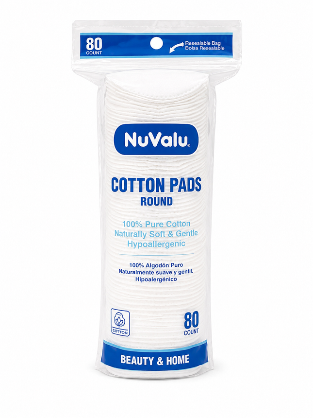 NuValu Cotton Pads Round – 100% Pure Cotton – 80 Count