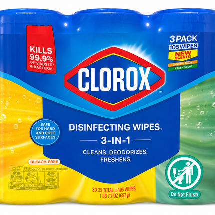 Clorox Disinfecting Wipes 3-Pack – 105 Wipes – Crisp Lemon & Fresh Scents