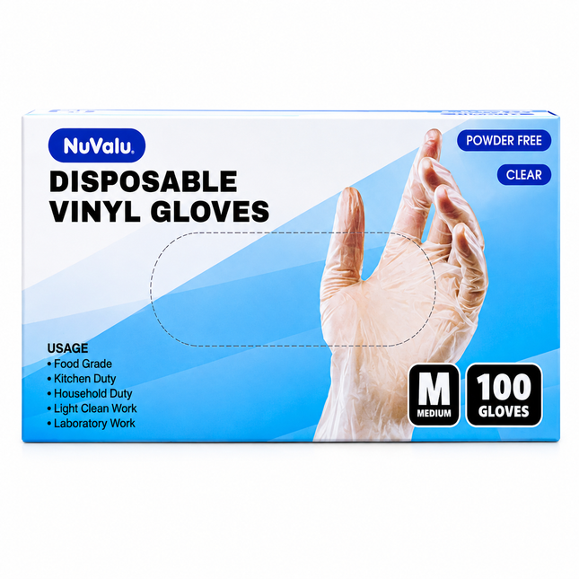 NuValu Disposable Vinyl Gloves – Powder Free, Clear, Medium and Large (100 Gloves)