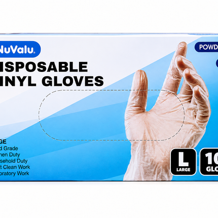 NuValu Disposable Vinyl Gloves – Powder Free, Clear, Medium and Large (100 Gloves)