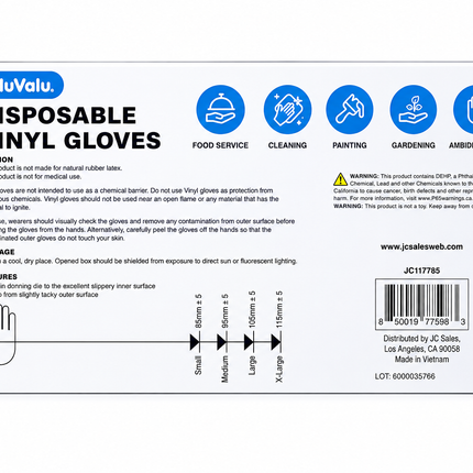 NuValu Disposable Vinyl Gloves – Powder Free, Clear, Medium and Large (100 Gloves)