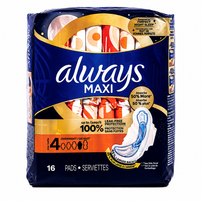 Always Maxi Overnight Pads w/ wings 16 pads