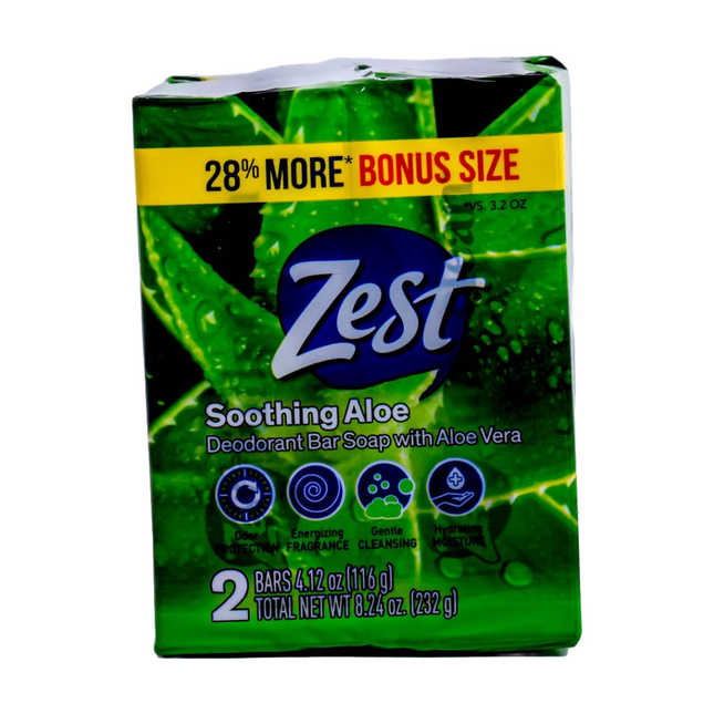 Zest Bar Soap Refreshing Fresh Aloe  2-Bars of 4.12 oz