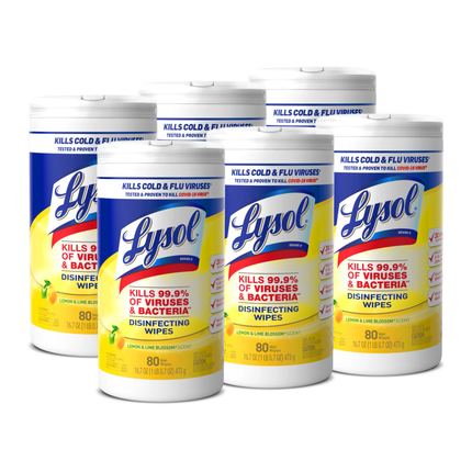 Lysol 1-Ply Disinfecting Wipes Lemon and Lime Blossom – White, 6 Canisters | 80 Wipes Each