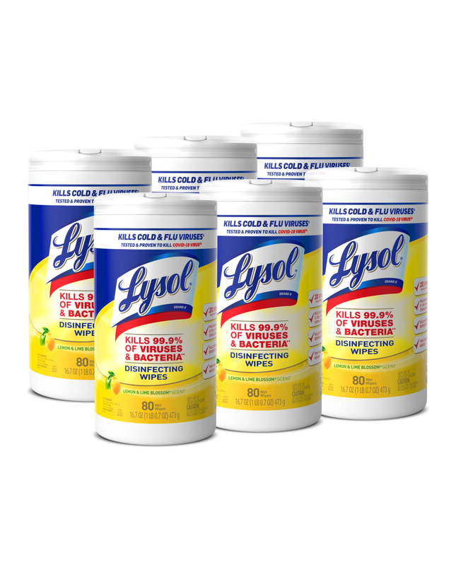 Lysol 1-Ply Disinfecting Wipes Lemon and Lime Blossom – White, 6 Canisters | 80 Wipes Each